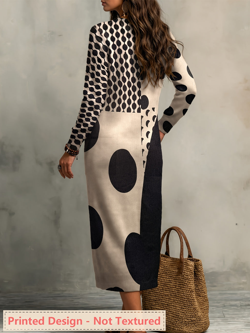 [Printed Design - Not Textured] 2026 New Women'S Long-Sleeve Lightweight Long Length Sweater Dress, Milk Style Pattern, Hem Shaped Straight, Kangaroo Pouch, Relaxed Fit Soft, Loose, Comfortable Suitable for All Seasons - Multicolor