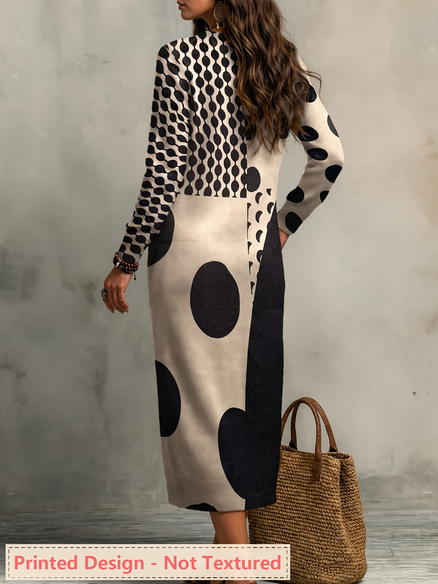 [Printed Design - Not Textured] 2026 New Women'S Long-Sleeve Lightweight Long Length Sweater Dress, Milk Style Pattern, Hem Shaped Straight, Kangaroo Pouch, Relaxed Fit Soft, Loose, Comfortable Suitable for All Seasons - Multicolor