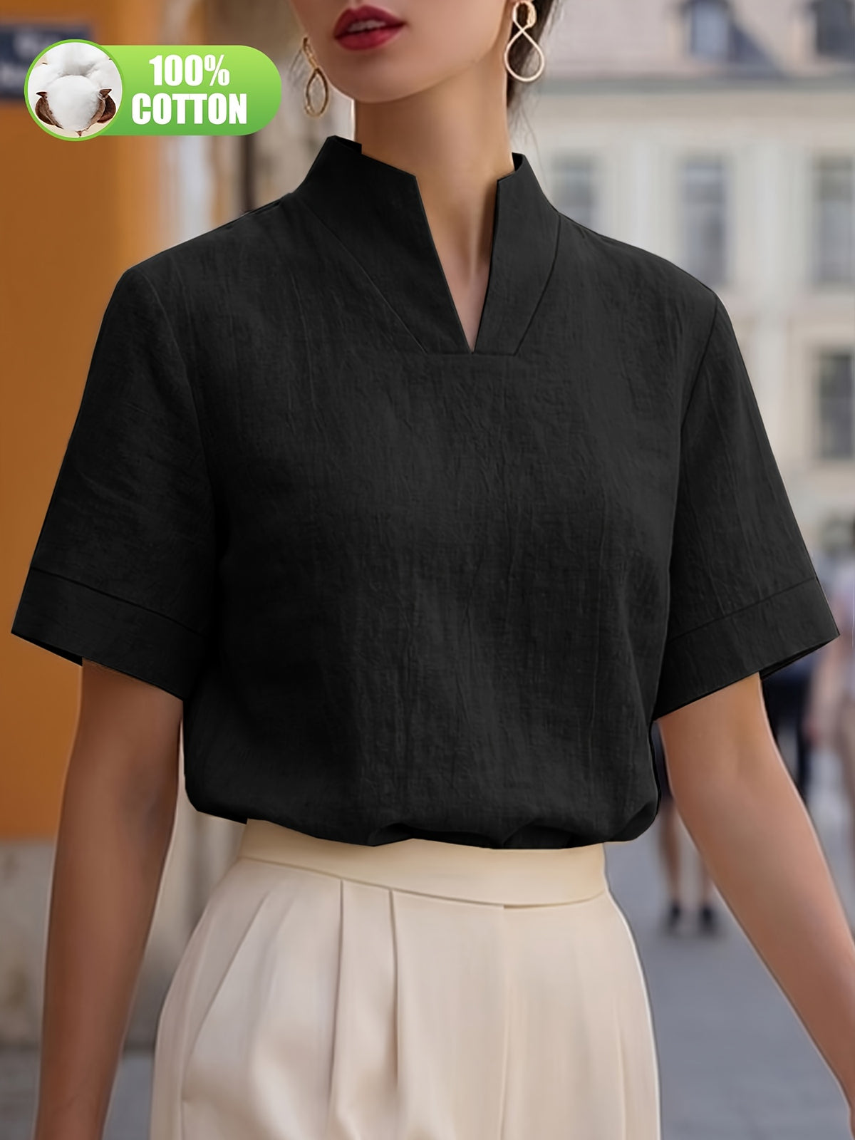 Elegant and Summer New Style Fashionable 100% V-Neck Back Zipper Short Sleeve Everyday Versatile T-Shirt Top ASD1 for Women of Distinguished Temperament - Black