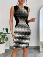 Ladies' Color-Blocked Round-Neck Mid-Length Bridesmaid Dress for Spring And Summer, Sleeveless Sundress - Black