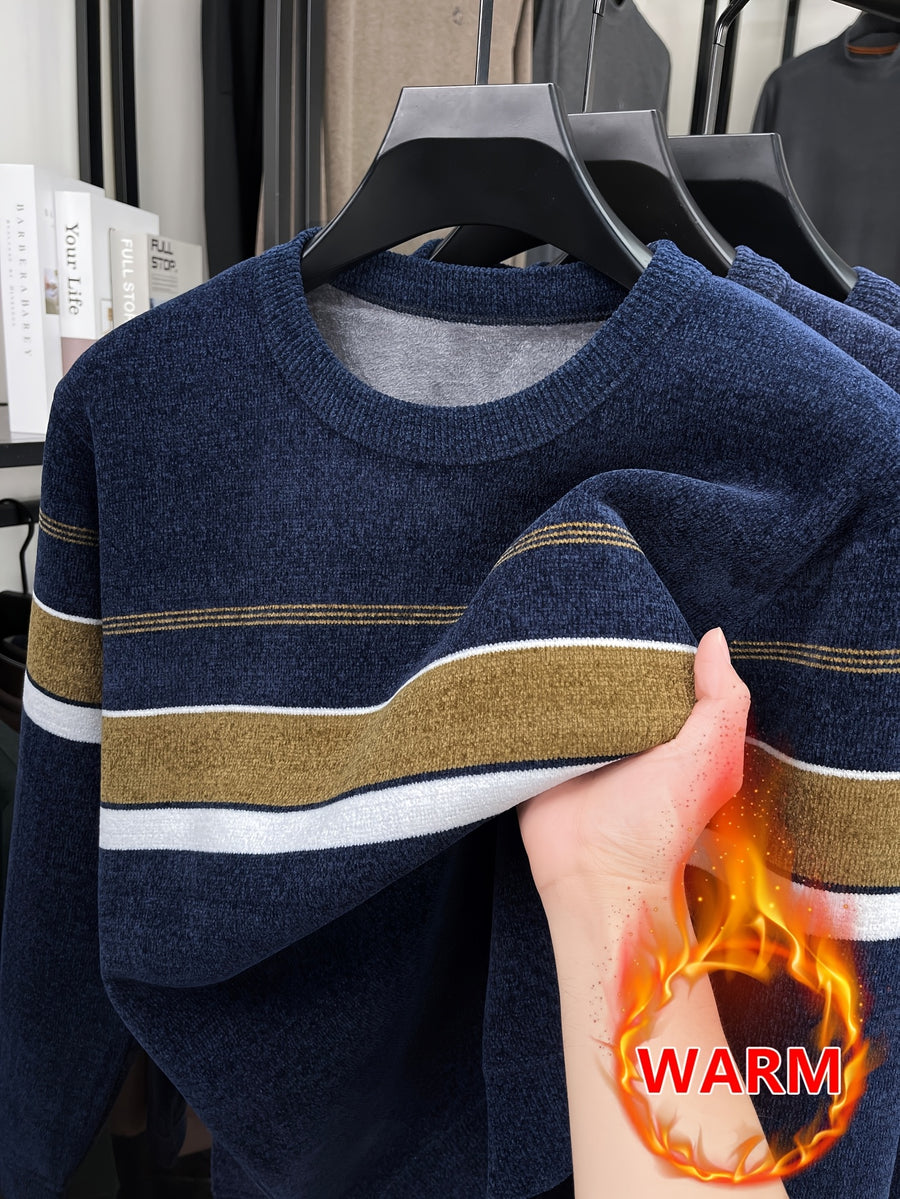 Minimalist Urban -Lined Crewneck Knit Sweater for Warm Daily Commuting - Camel