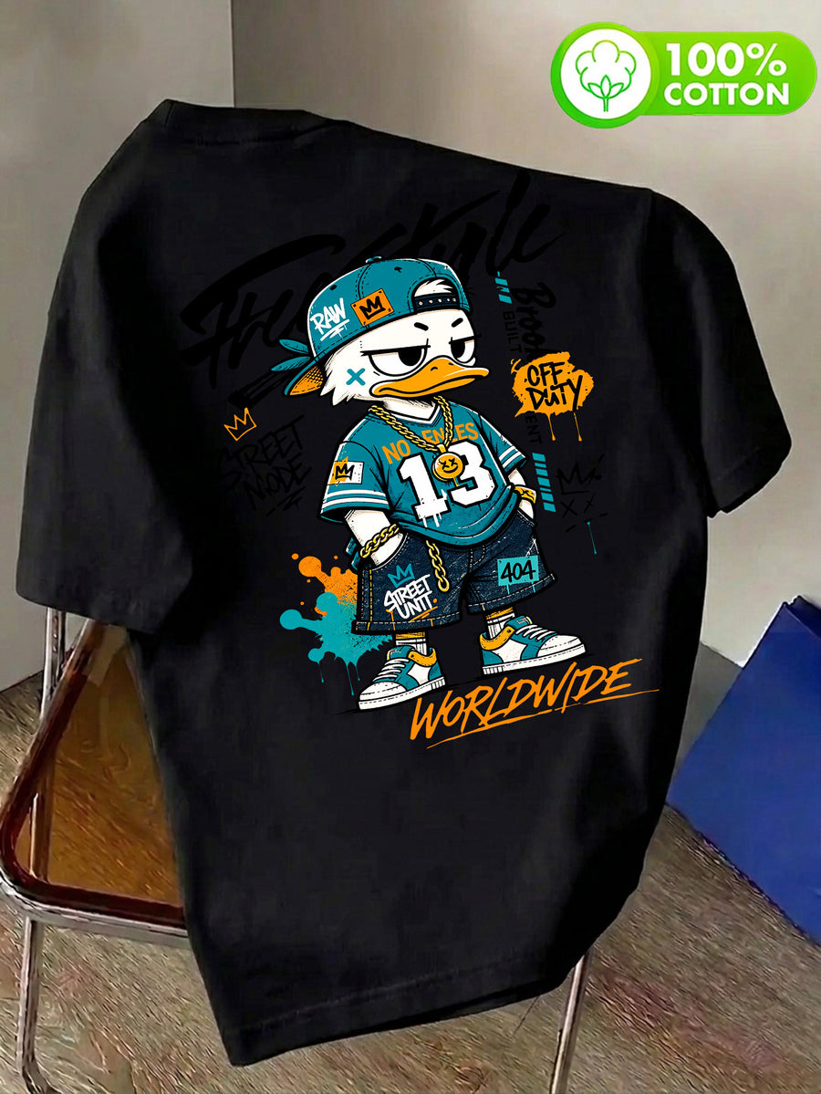 Pure Cotton Crew Neck T-Shirt, Unisex, Trendy Cool Duck, No. 13 Jersey, Multi-Element Badge, Double-Sided Front and Back Print with Letters, Breathable and Non-Sticky Back, Casual and Versatile, Suitable for Commuting, Sports, Outdoor Travel - Black