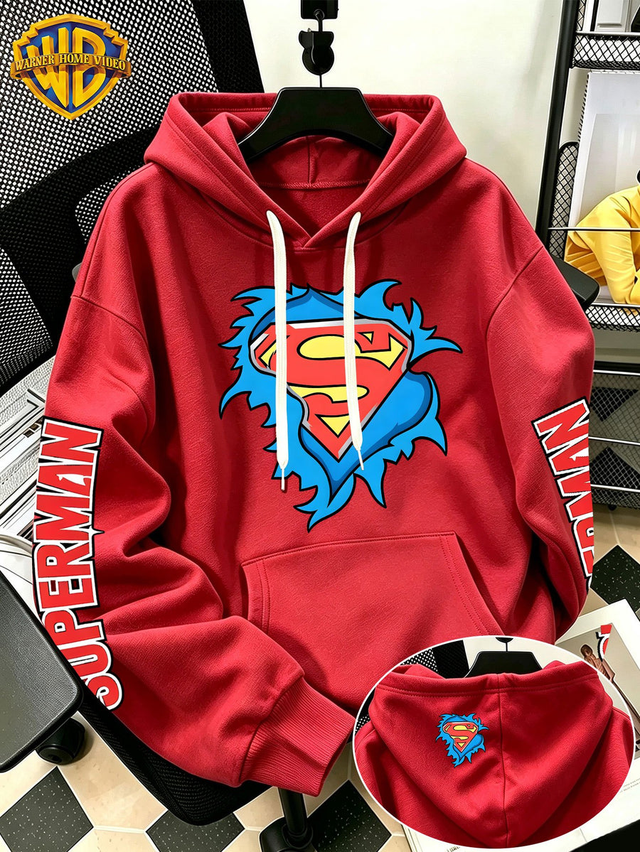 [Warner Bros] Licensed Men'S New Trendy Hoodie DC Superman Ripped Logo Print Casual Hooded Sweatshirt Everyday Drawstring Loose Pullover Machine Washable All-Match Sports Casual Men'S Top - Red
