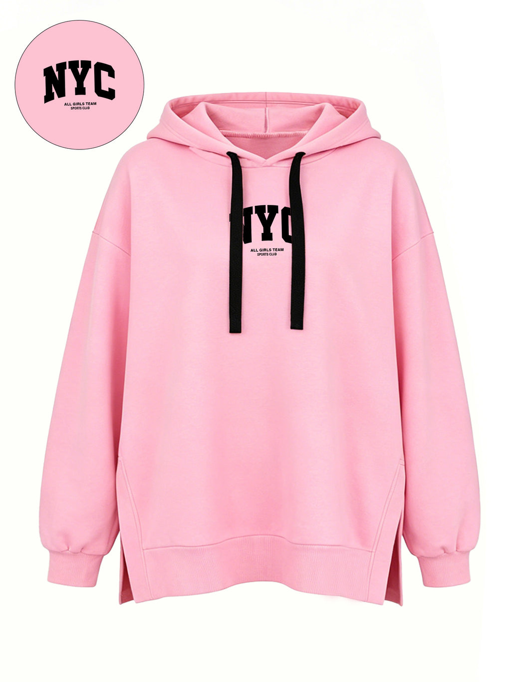 Women' S Fashion Hooded Sweatshirt for Autumn and Winter- Pattern Print Design, Side Slit Design, Hooded Sweatshirt - Pink Color
