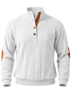 Men'S Casual Long Sleeve Knit Sweater, Textured Cable And Diamond Pattern, Stand Collar with Button Placket, Contrast Elbow Patch Details, Ribbed Cuffs And Hem, Ideal for Fall Winter Work, Travel, Golf And Daily Wear - White