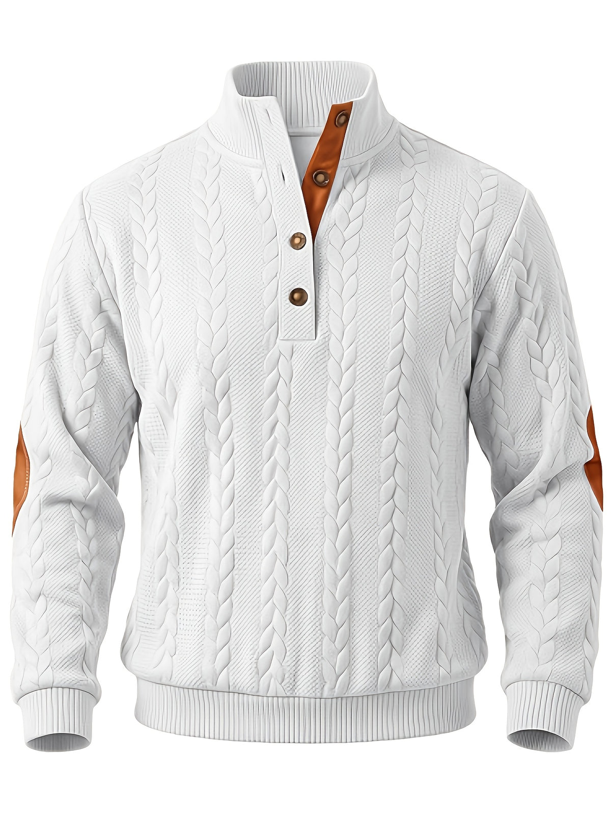 Men'S Casual Long Sleeve Knit Sweater, Textured Cable And Diamond Pattern, Stand Collar with Button Placket, Contrast Elbow Patch Details, Ribbed Cuffs And Hem, Ideal for Fall Winter Work, Travel, Golf And Daily Wear - White