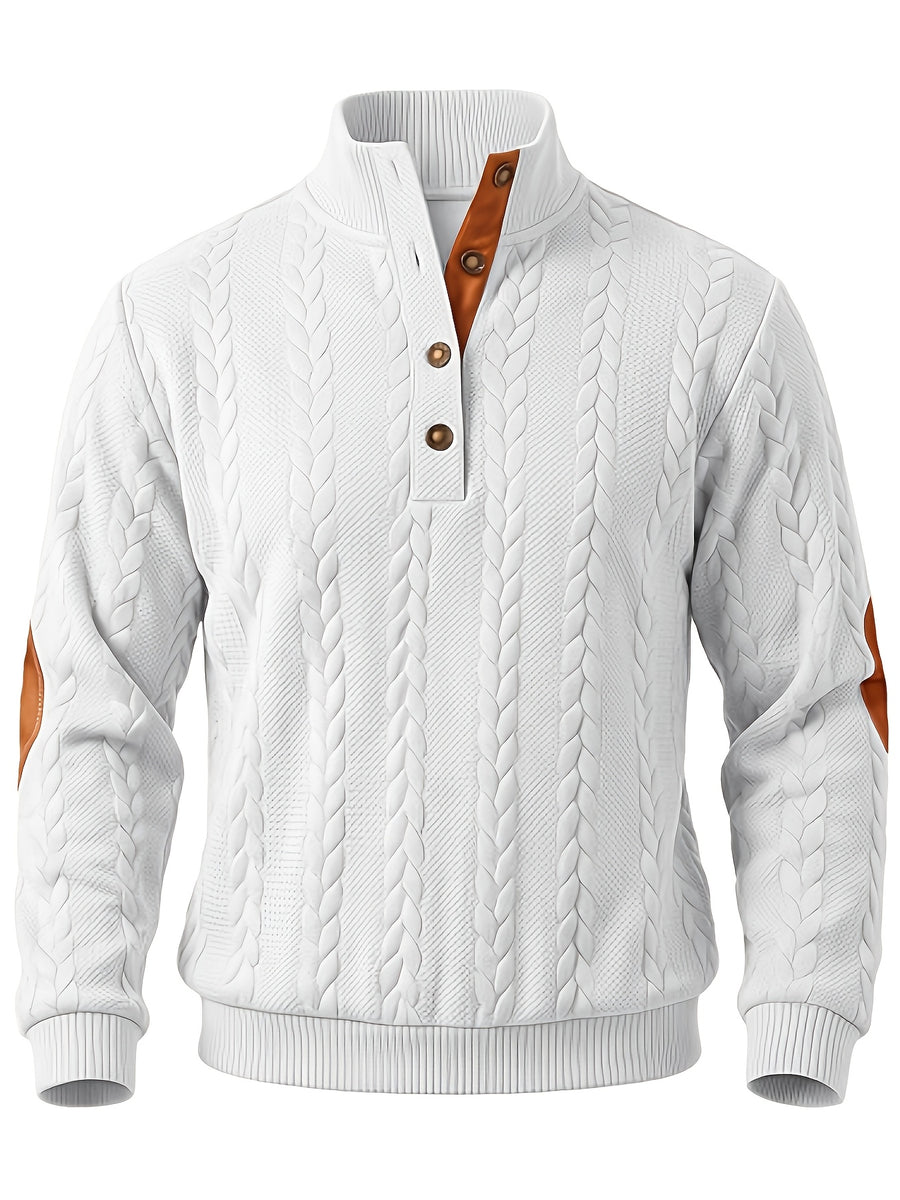 Men'S Casual Long Sleeve Knit Sweater, Textured Cable And Diamond Pattern, Stand Collar with Button Placket, Contrast Elbow Patch Details, Ribbed Cuffs And Hem, Ideal for Fall Winter Work, Travel, Golf And Daily Wear - White
