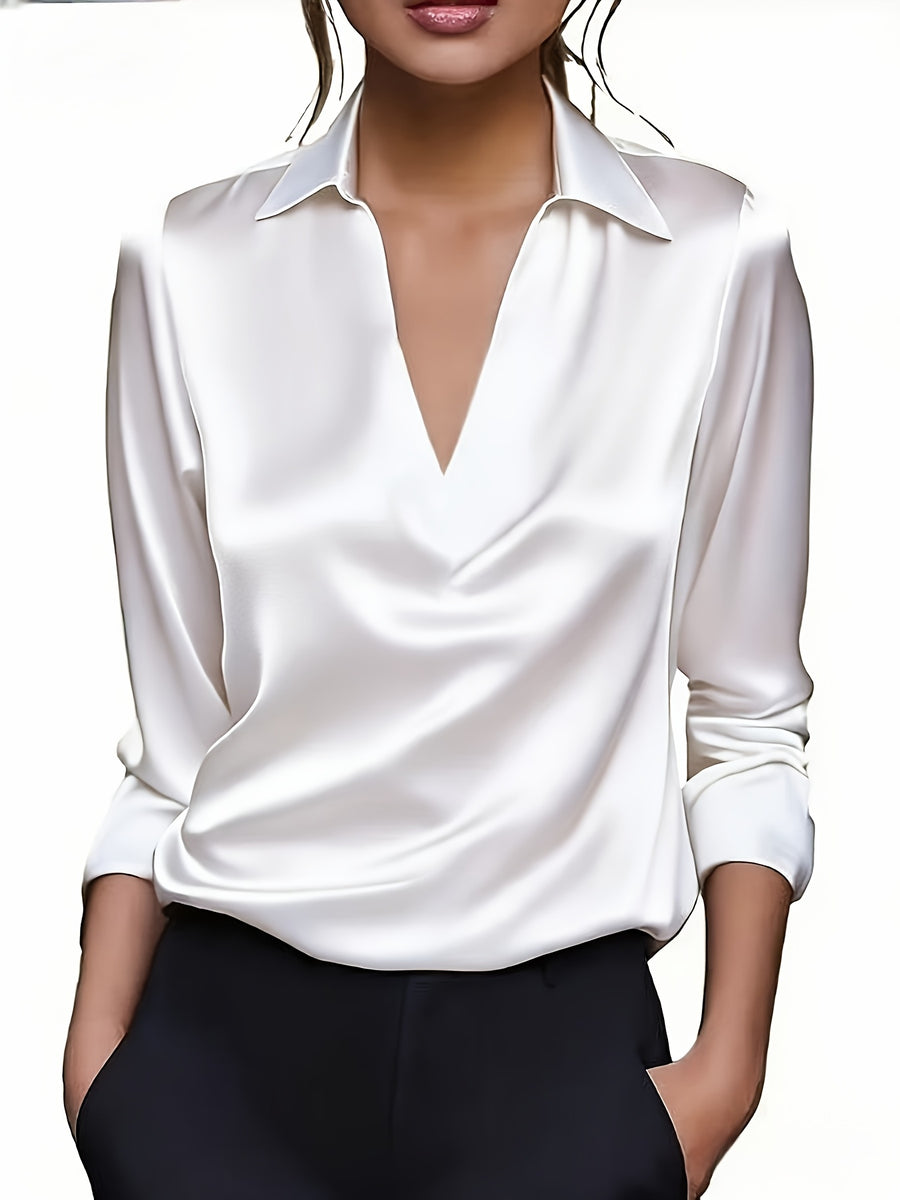 Women'S Elegant Shimmering V-Neck Long Sleeve Shirt - White