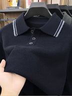 Men'S Lapel Long Sleeve Knit Sweater, Ribbed Cuffs And Hem, Versatile for Casual And Business Wear - Black