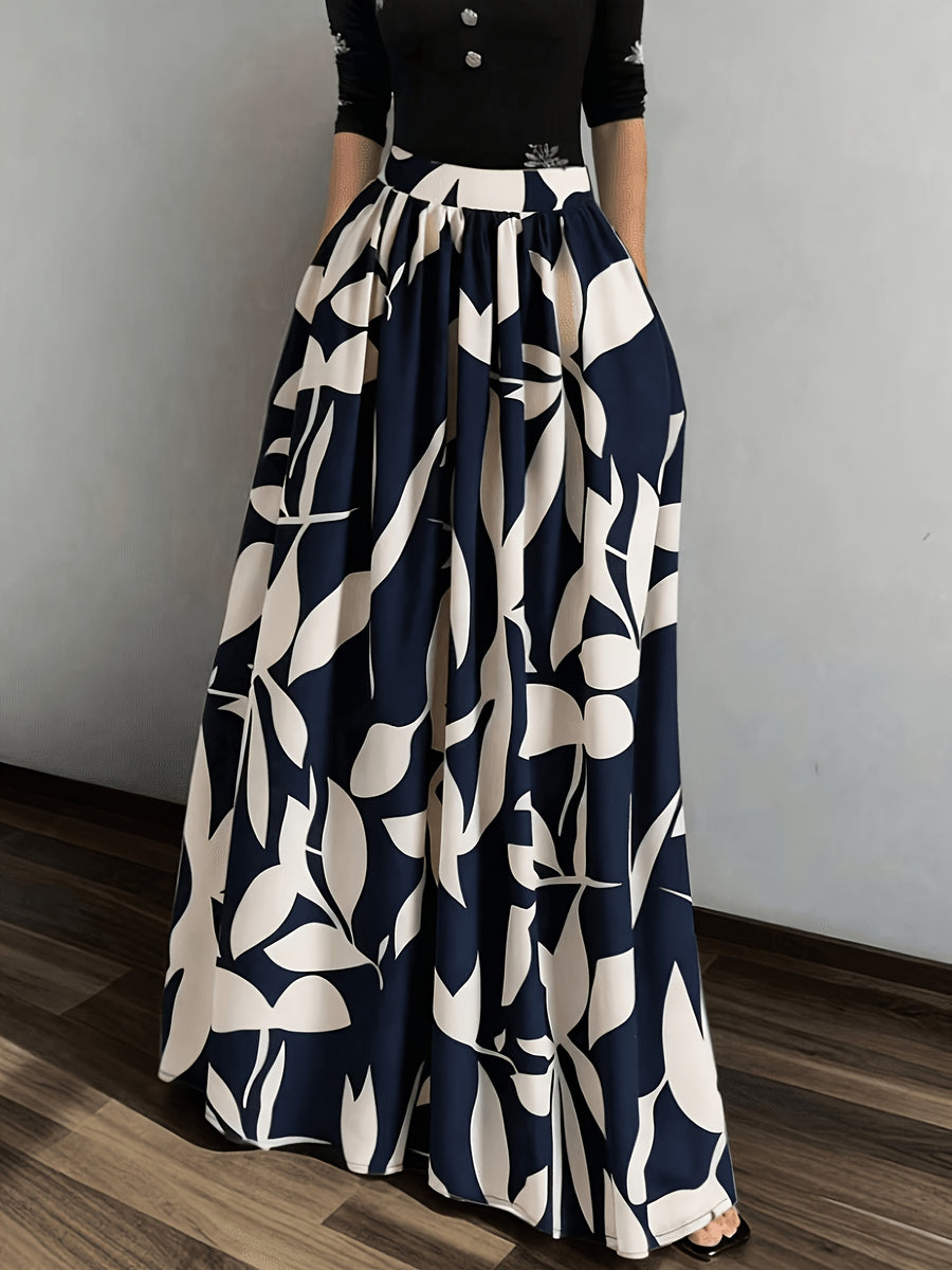 Women's Wide-Length Watercolor Midi Skirt - High-Waisted Loose Skirt Suitable for Spring Summer Fall, Elegant Office to Casual Wear, Machine Washable Skirt - Dark Blue