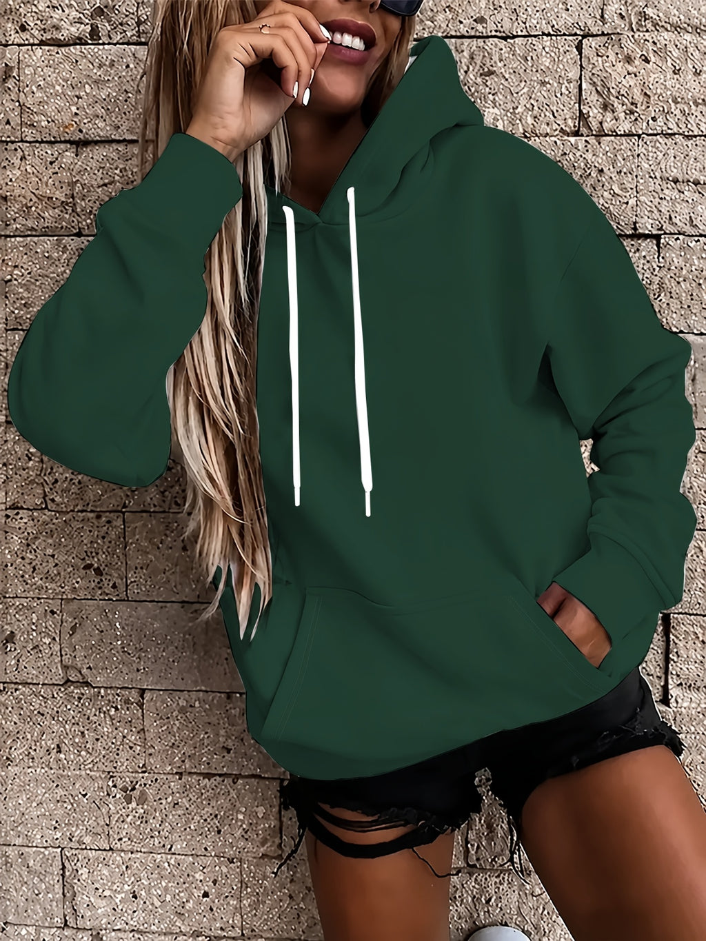 Women's Long Sleeve Drawstring Sweatshirt, Casual Loose Fit Pocket Sweatshirt - Olive Green