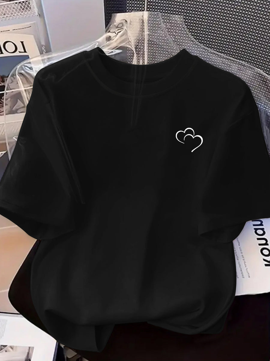 Fashion Print Round Neck Short Sleeve T-Shirt, Spring/Summer Casual Short Sleeve Top, Women's Clothing - Black
