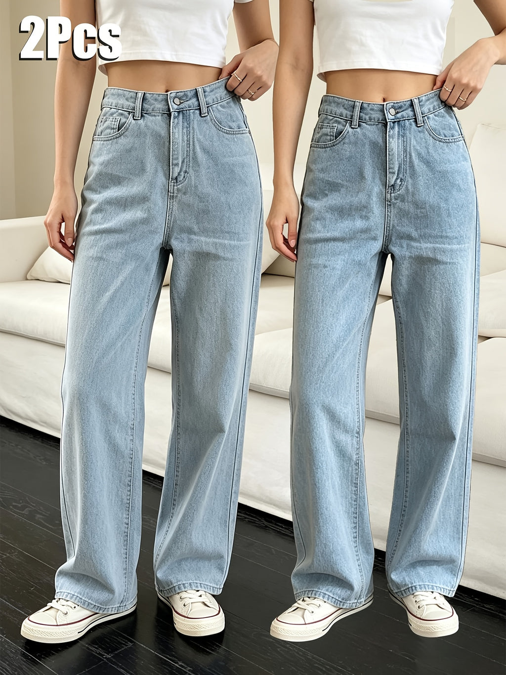 2pcs Set Light Blue Straight-Leg Jeans Women'S Suitable for Petite Retro Washed Loose Straight-Leg with Pockets Non-Stretch Casual Trousers - Light Blue