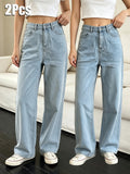 2pcs Set Light Blue Straight-Leg Jeans Women'S Suitable for Petite Retro Washed Loose Straight-Leg with Pockets Non-Stretch Casual Trousers - Light Blue