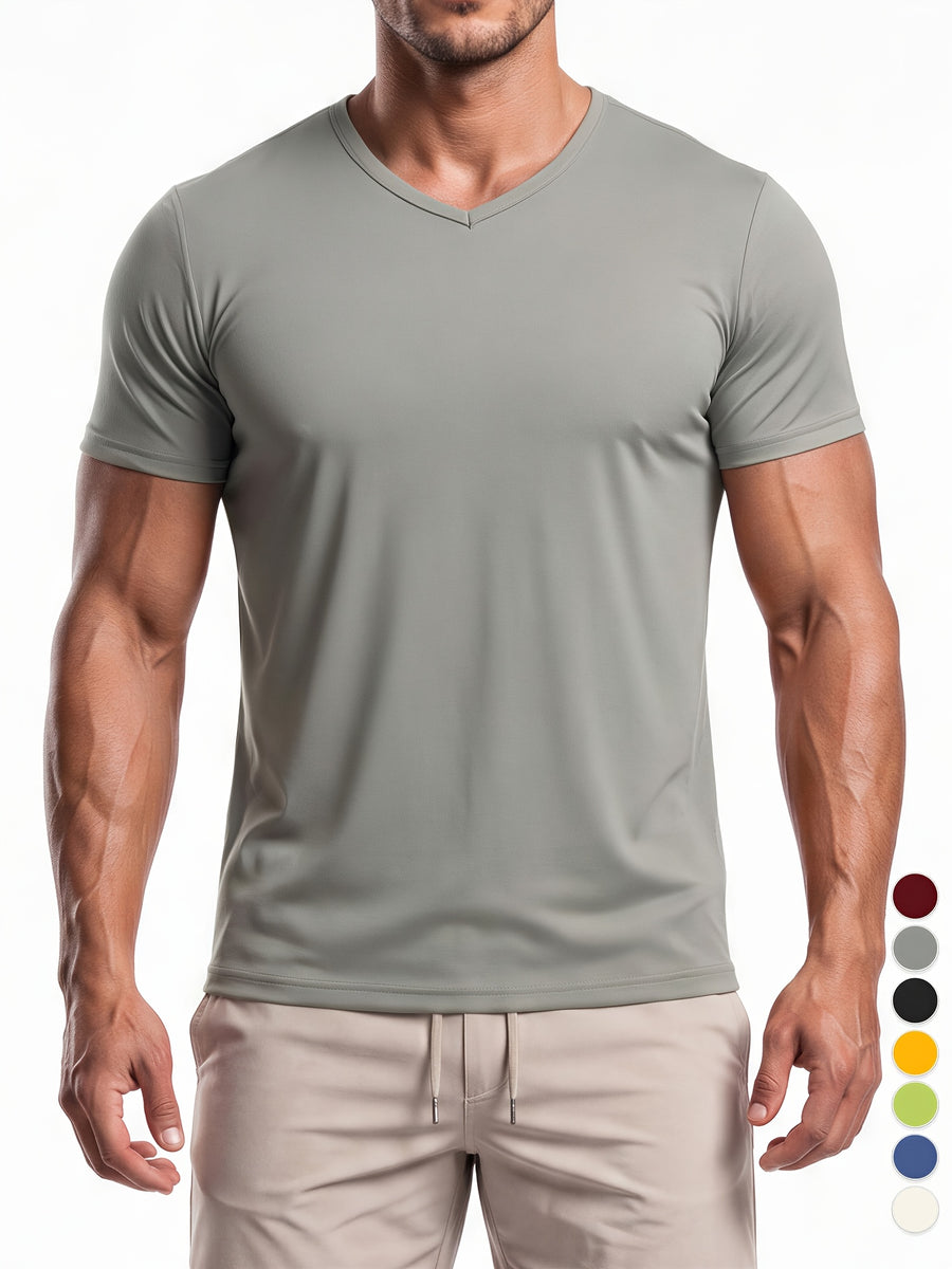 Men's Minimalist Sporty V-Neck Quick-Dry T-Shirt, Lightweight Breathable Moisture-Wicking Polyester Fiber Short-Sleeve Top, Solid Color Slim-Fit Casual Fitness Shirt, Suitable for Fitness, Running, Outdoor, Light Outdoor, and Urban Commuting - Light Grey