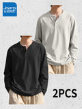 (Set of Two) JEANSWEST Men'S Long-Sleeve Henley Shirts for Spring And Fall - Black + Gray Apricot
