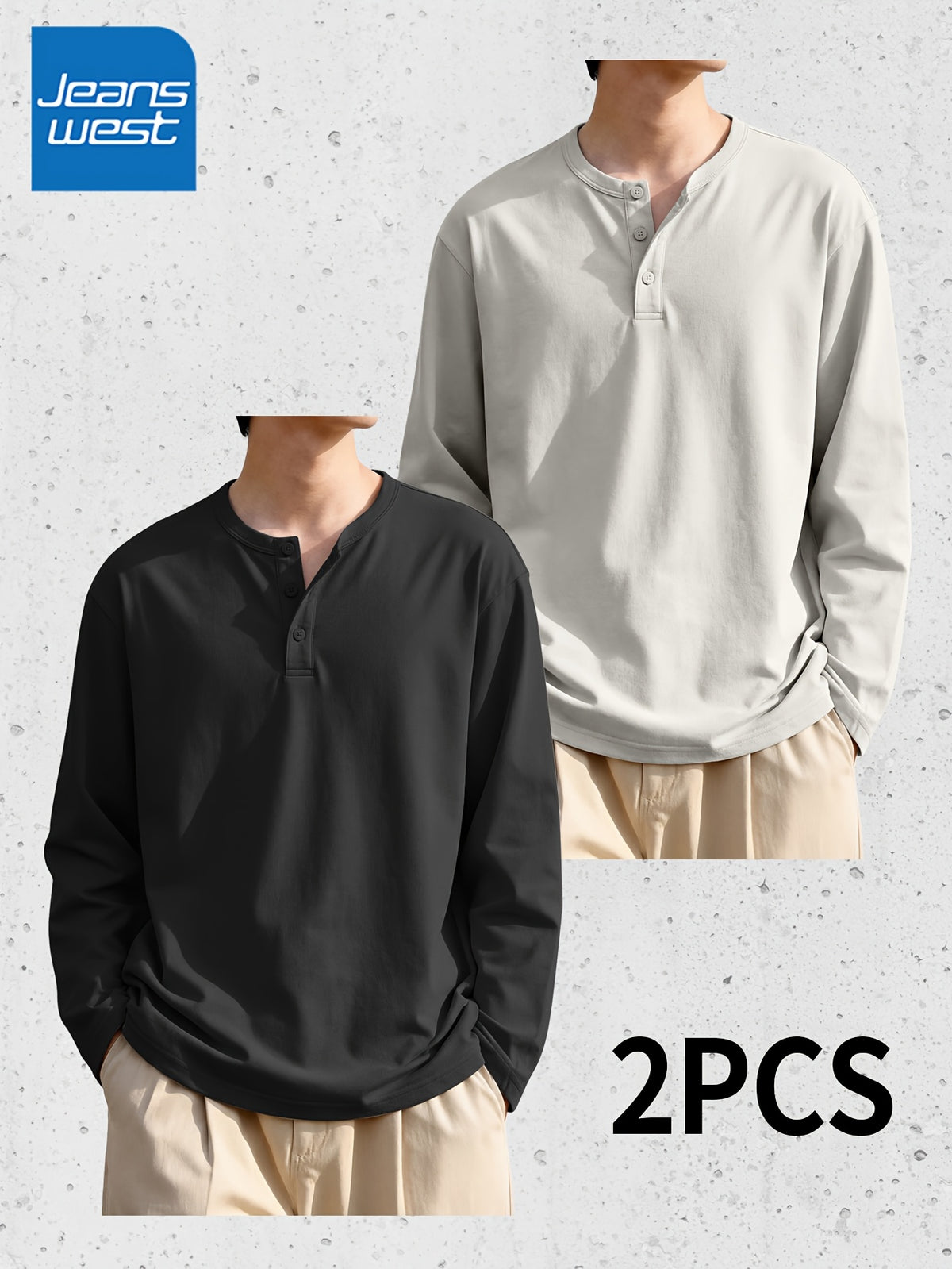 (Set of Two) JEANSWEST Men'S Long-Sleeve Henley Shirts for Spring And Fall - Black + Gray Apricot