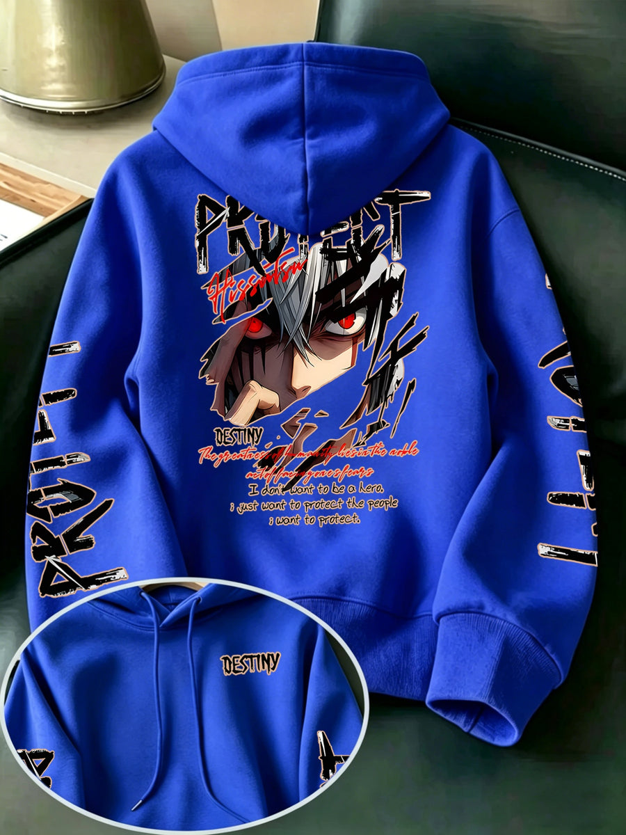 Limited-Time Special Offer: Single-pc Unisex Black Knitted Hooded Sweatshirt with Anime Boy Portrait Graffiti and English Print, Trendy Cool Anime-Style Loose Drop-Shoulder Hoodie for Spring/Autumn, Casual Wear for Outings and Gatherings - Multicolor-Blue