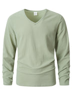 Seaside Vacation Summer Men's V-Neck Long Sleeve Linen Solid Color Casual Long Sleeve T-Shirt - Light Green