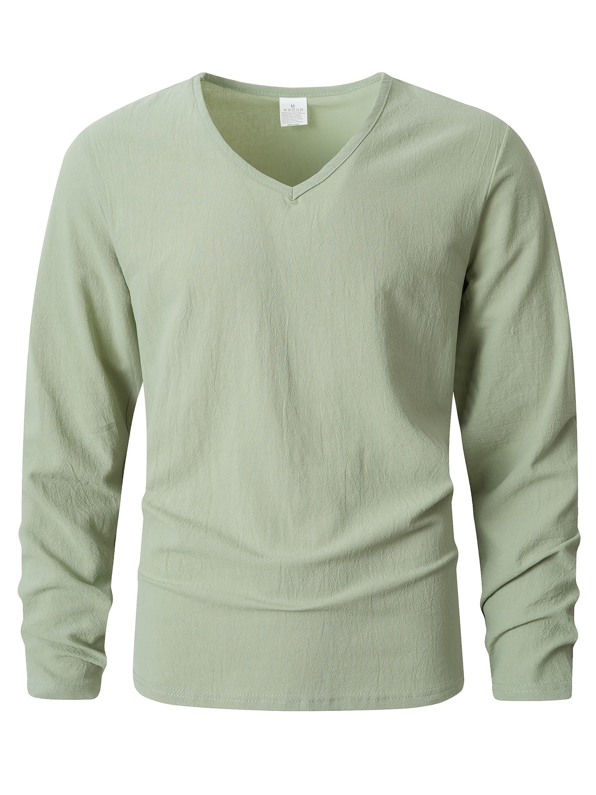 Seaside Vacation Summer Men's V-Neck Long Sleeve Linen Solid Color Casual Long Sleeve T-Shirt - Light Green