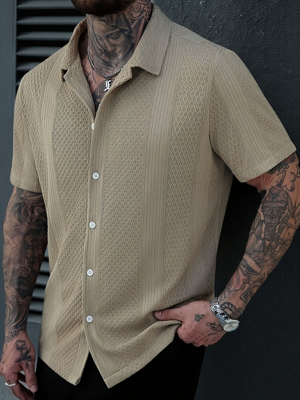 Men'S Solid Color Knitted Short Sleeve Shirt - Khaki