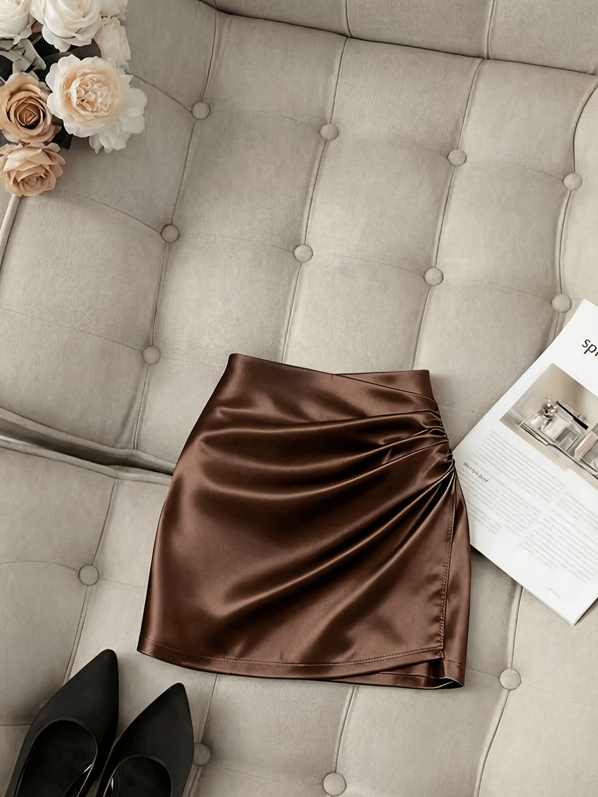 Fashionable New Satin Asymmetrical Skirt, Spring Summer High-Waist Fitted Tight Sexy Women'S Elegant Midi Skirt - Coffee Color