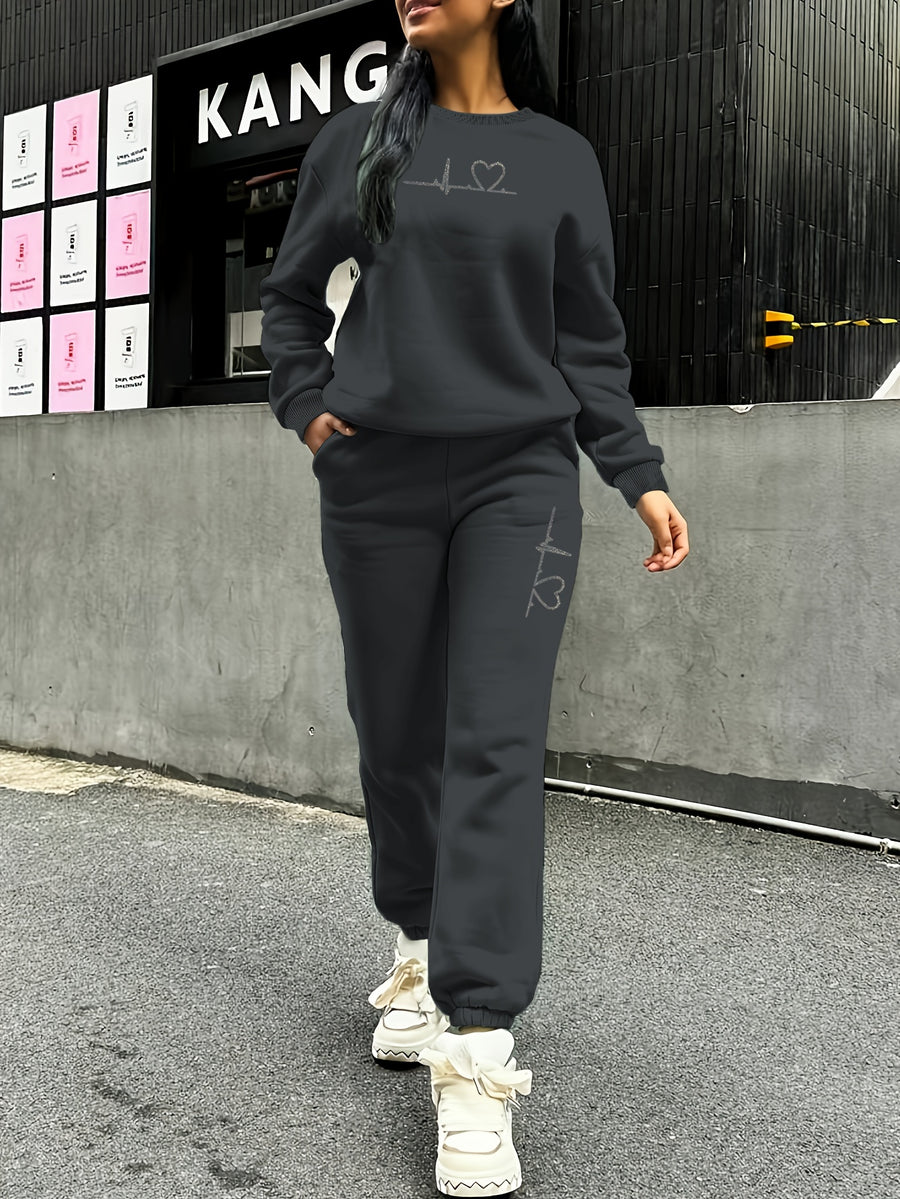 Women's 2pcs Fleece Sweatsuit - ECG Heart Print Warm Winter Tracksuit, Soft Polyester Matching Outfit with Pockets, Machine Washable & Outdoor Sweatsuits (Multiple Colors) for Fall/Winter, 2pcs set - Dark Gray