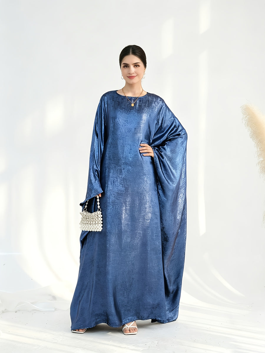 1pc Fashion Satin Bright Elegant Vacation Comfortable Loose Long Sleeve Solid Color Simple Breathable Casual Women's Abaya Dress, Abayas for Women, Muslim Khimar Robe, Chic Femme Robe, Elegant Women's Abaya, Muslim Women's Clothing - Royal Blue