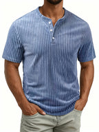 Royalboy Men's Summer Half-Open Crew Neck Short Sleeve Loose Henry Shirt, Soft and Comfortable Fabric, Suitable for Casual Outings - Navy Color