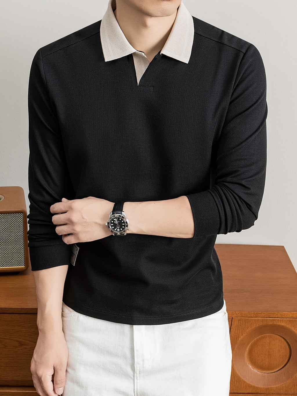 2026 Autumn Men'S Long Sleeve T-Shirt Casual Solid Color Seagull Collar Lapel POLO Shirt - Black