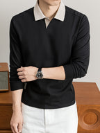 2026 Autumn Men'S Long Sleeve T-Shirt Casual Solid Color Seagull Collar Lapel POLO Shirt - Black