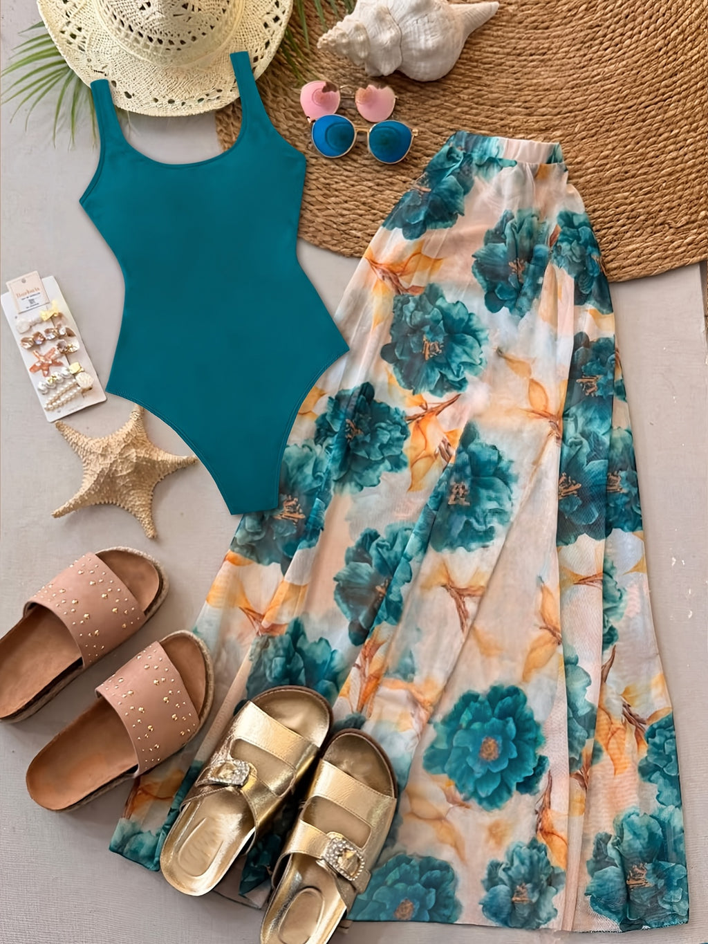 2026 Women'S Summer New Half Skirt Set, Slim Fit Sleeveless Jumpsuit with Camisole&Printed Semi Transparent Mesh Half Skirt Two-Piece Set, Elegant Party Y2K, Suitable for Poster Vacations, Parties, And Socializing - Mixed Color 4