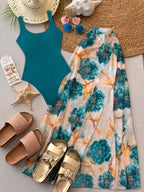 2026 Women'S Summer New Half Skirt Set, Slim Fit Sleeveless Jumpsuit with Camisole&Printed Semi Transparent Mesh Half Skirt Two-Piece Set, Elegant Party Y2K, Suitable for Poster Vacations, Parties, And Socializing - Mixed Color 4