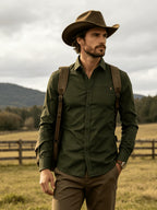 Men's Casual Long-Sleeve Shirt with Lapel and Faux Pocket Design, Slim Fit for a Slimming Look, Durable and Wrinkle-Resistant for Daily Outdoor Casual Wear, Business-Casual Solid Color Shirt - Military Green