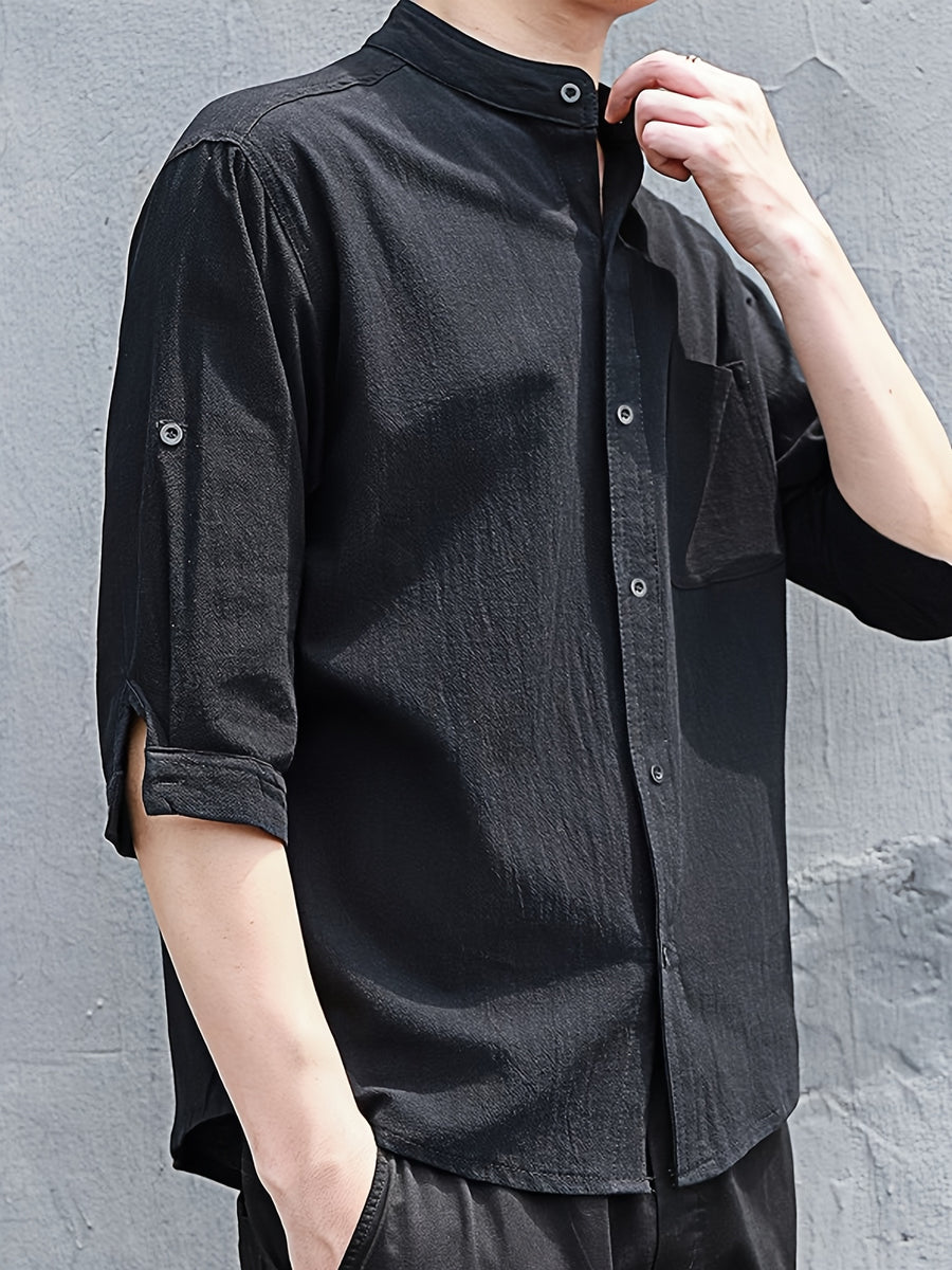 New Loose-fitting Chinese-style Stand-up Collar Men's Shirt, Comfortable and Breathable Linen Men's Mid-length Sleeve Shirt, Simple and Versatile Men's Casual Shirt. - Black