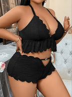 Plus Size Front-Button Lace Patchwork Backless 3-Ring Buckle Sexy Lingerie Heart-Shaped Hollow-Out Pants Set - Black