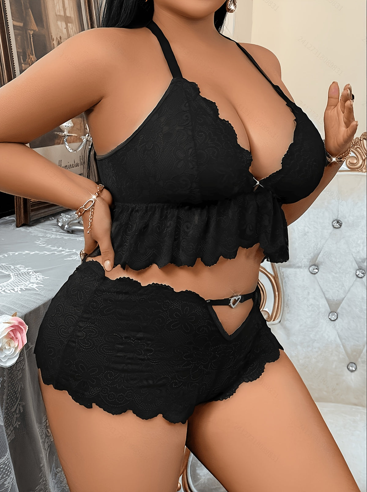Plus Size Front-Button Lace Patchwork Backless 3-Ring Buckle Sexy Lingerie Heart-Shaped Hollow-Out Pants Set - Black