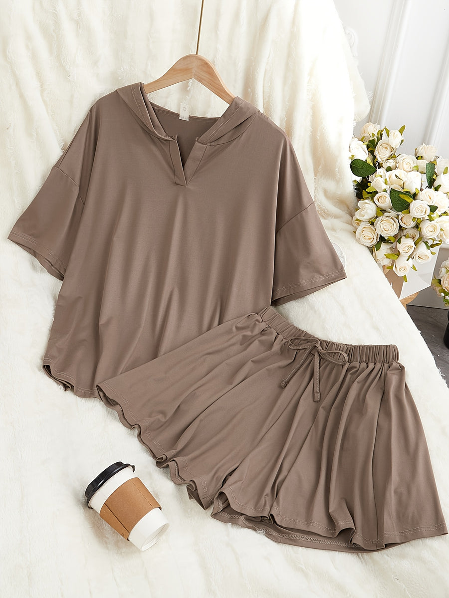 Plus Size Fashion Temperament Casual Solid Color Hooded Sweatshirt Short-Sleeved Top Drawstring Shorts Skirt Two-Piece Set - Brown 1