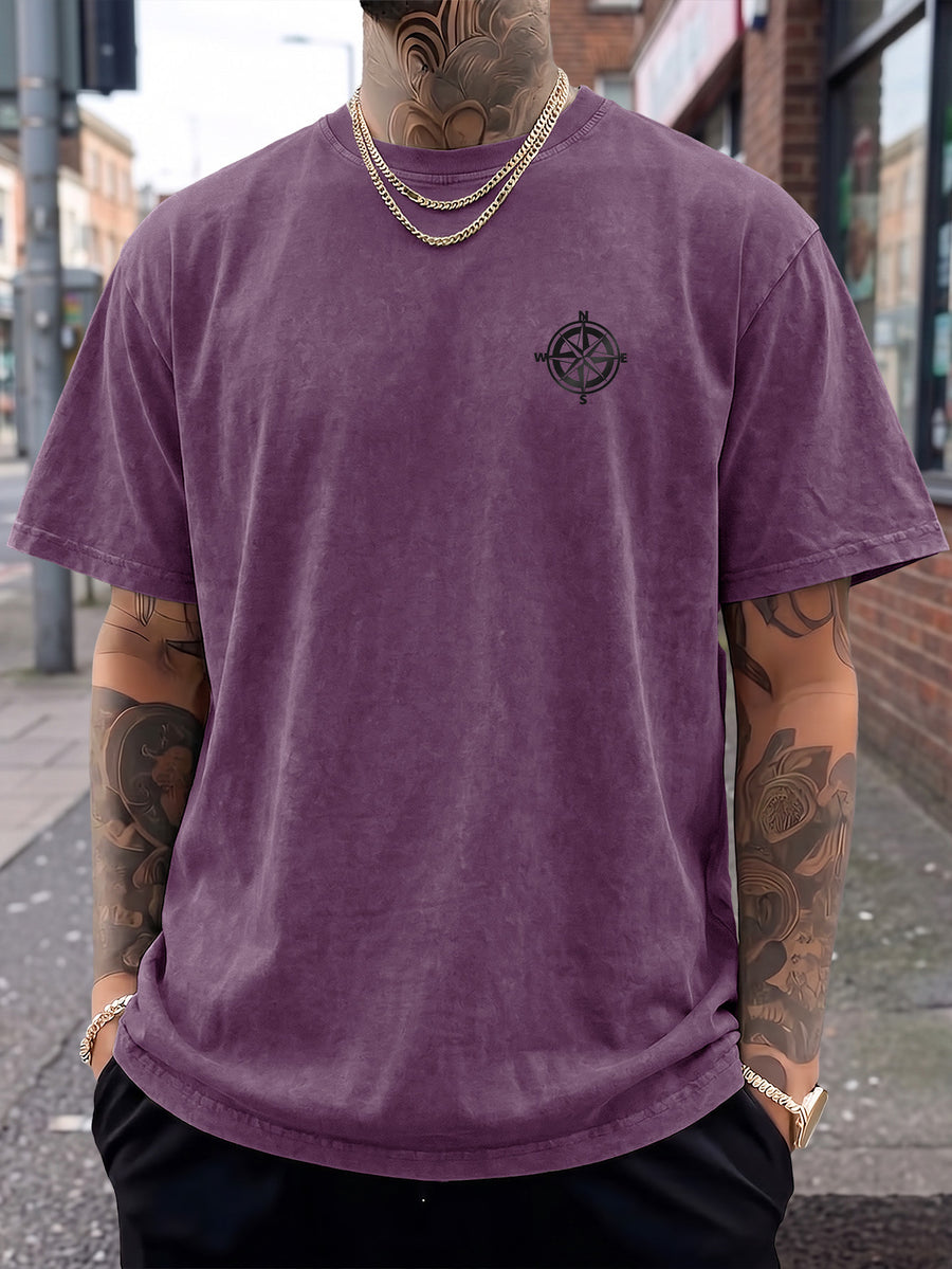 Short Sleeve T-Shirt, Half-Sleeve Top, Pure Cotton Washed Distressed Loose Fit, Compass Print, Multiple Colors for Mix and Match, American Streetwear, Chinese National Trend, High Street, Hip-Hop, Y2K Style, Daily Streetwear, Sports - Purple