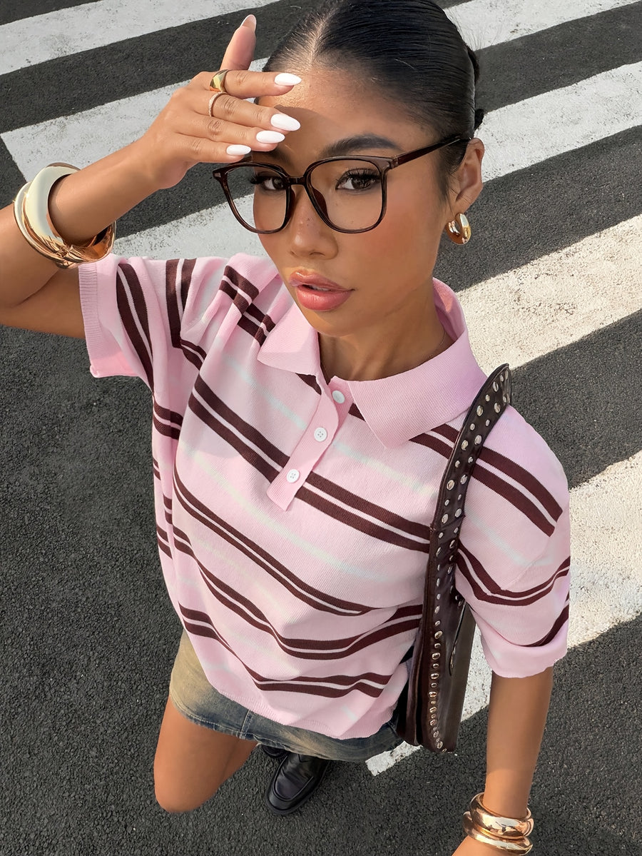 Ladies Fashion Pink Collar Sweater Top - Pink