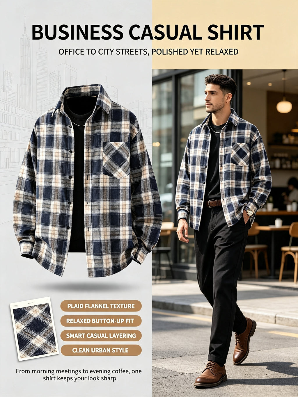Men Turn- Collar Long Sleeve Plaid Pattern Shirt, Button Up Pocket Loose Blouse for Urban Commute Daily - Apricot