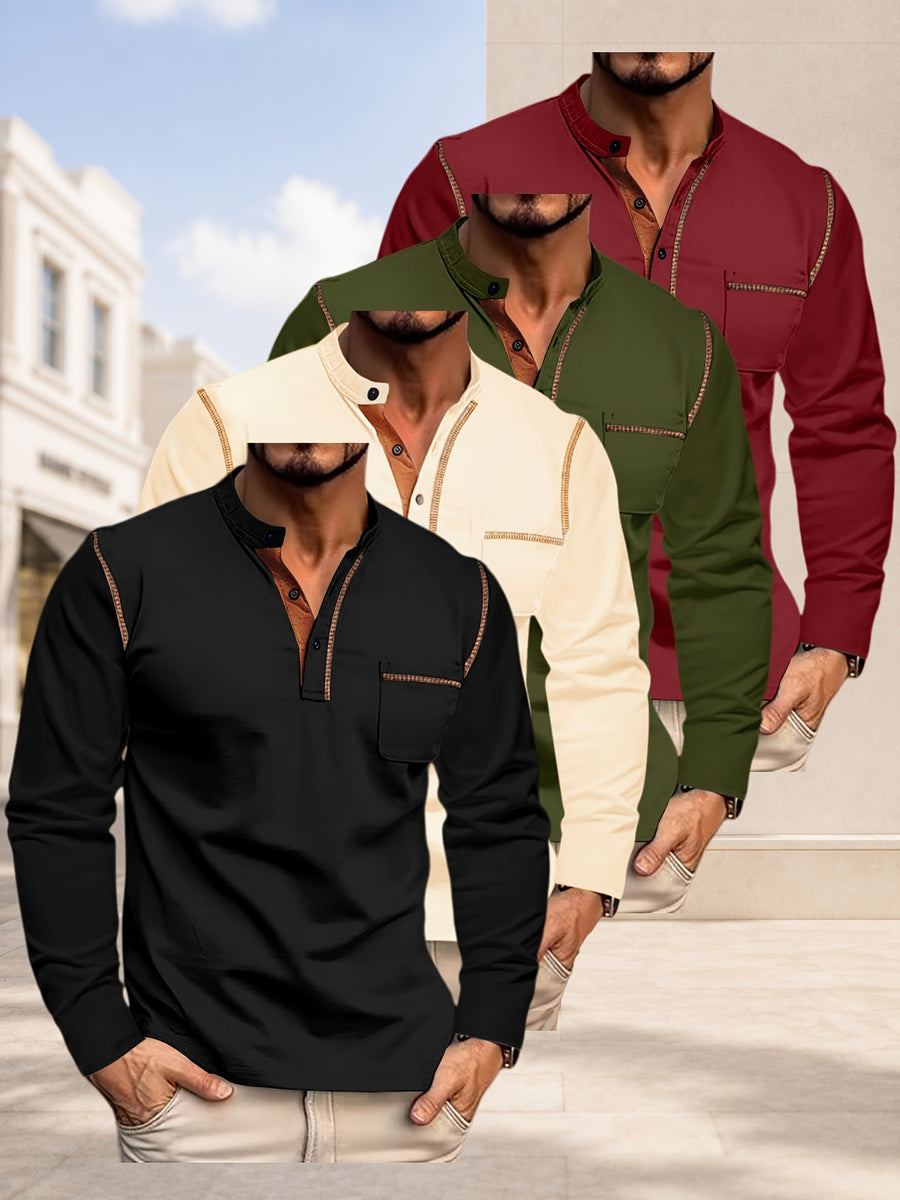 [JOSHIMAI OBM] 4pcs Men'S Long Sleeve Henley Shirts, Soft Comfortable Skin-Friendly Fabric, Lightweight Breathable Easy Care Stand Collar 3-Button Placket with Chest Pocket Detail, Solid Color Casual Top, Versatile for Office Commute - Black + Khaki + Army Green + Wine Red