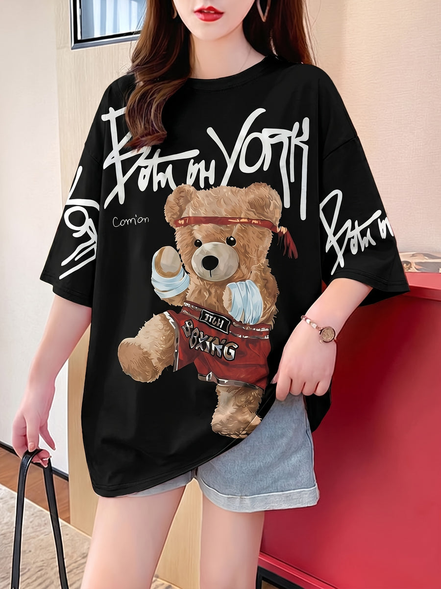 Summer New Fashion Trend Large Size Women'S Slim Loose Medium Long Cartoon Short-Sleeved T-Shirt - Black