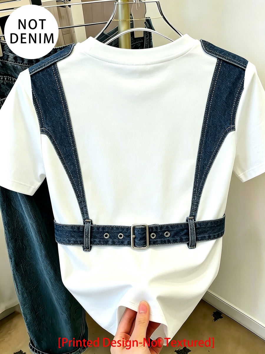 [Printed Pants - Not Faux Denim Fabric]Casual Women'S T-Shirt, New Clothing, Women'S Pullover Sweater, Summer Women'S Top, Casual Home Wear, Faux Denim Print, Patchwork Style, Niche Design, Sweet And Cool Style, Gift - White