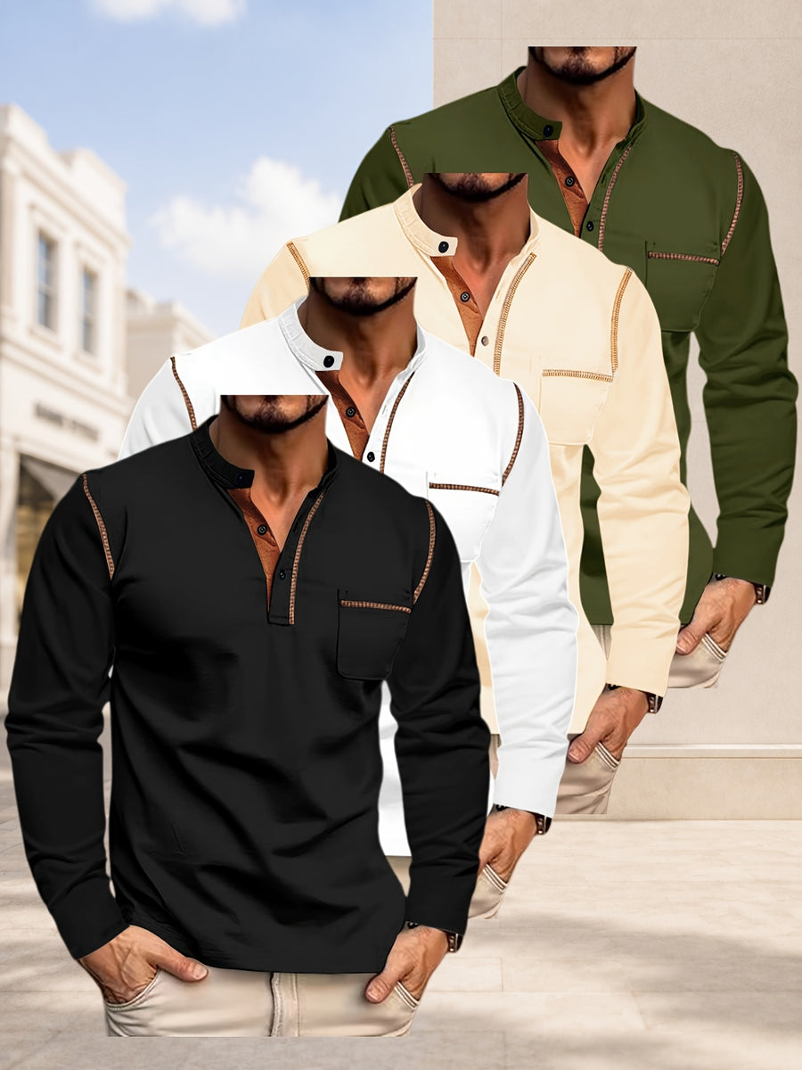 [JOSHIMAI OBM] 4pcs Men'S Long Sleeve Henley Shirts, Soft Comfortable Skin-Friendly Fabric, Lightweight Breathable Easy Care Stand Collar 3-Button Placket with Chest Pocket Detail, Solid Color Casual Top, Versatile for Office Commute - Black + White + Khaki + Army Green