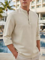 Men'S Linen Material Small Lapel Design Half-Open Button-Up Pullover Style Solid Color Casual Long Sleeve Shirt Suitable for Vacation Travel And Other Activities - Khaki