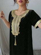 Middle East Round Neck Temperament Loose Belly-Covering Vacation Retro Niche Design Dress Short-Sleeved Long Skirt - Black