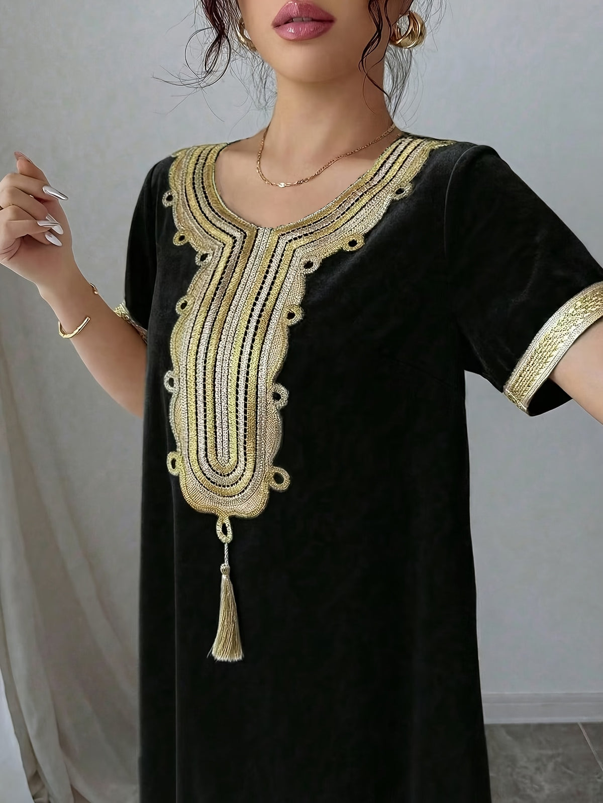 Middle East Round Neck Temperament Loose Belly-Covering Vacation Retro Niche Design Dress Short-Sleeved Long Skirt - Black
