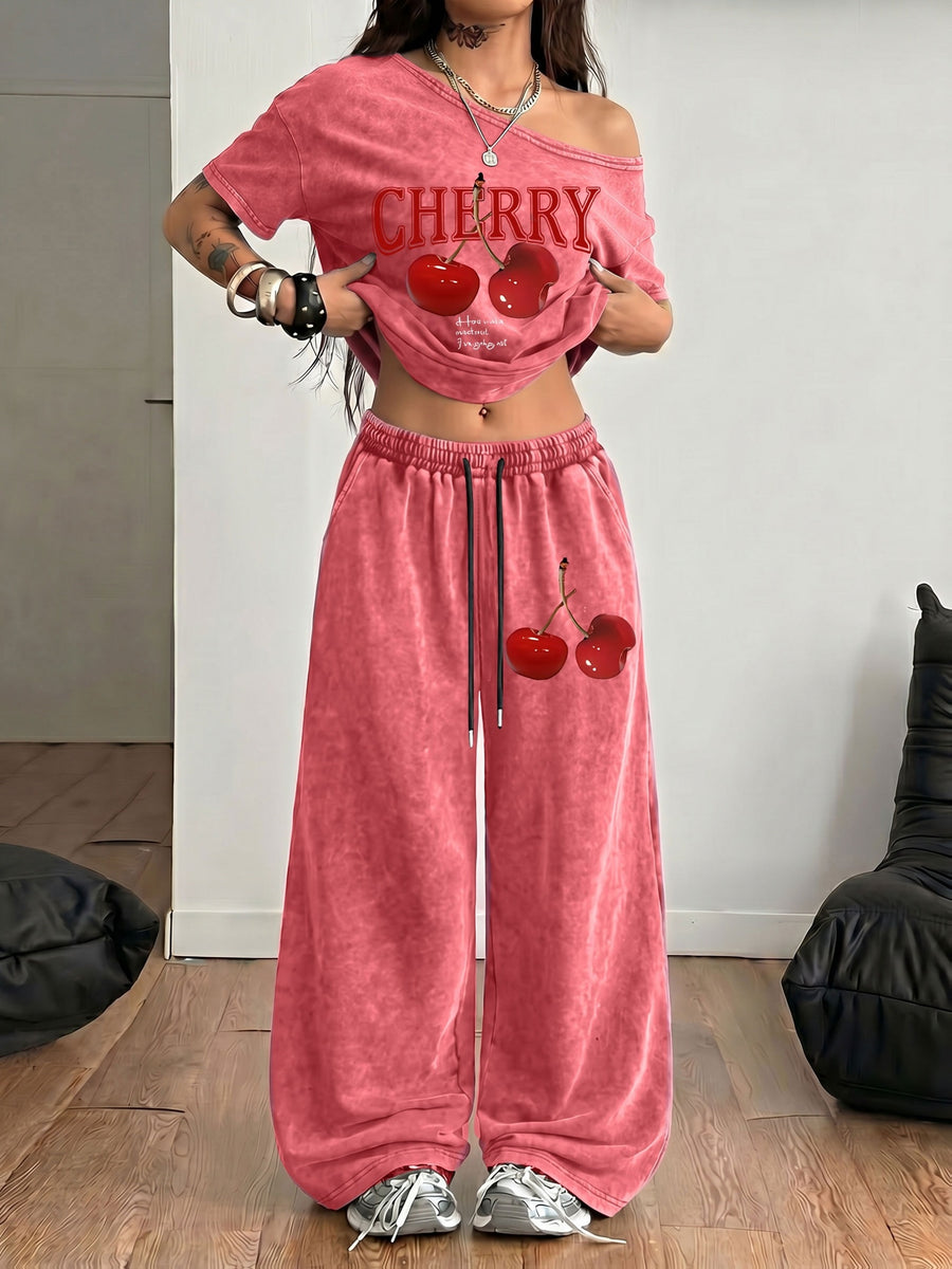 Trendy Red Cherry Letter Print New Spring/Summer Casual Jersey Sportswear, Street Sport Style Washed Off-Shoulder T-Shirt and Long Pants 2pcs Set, Washed Outfit, American Street Academic Style - Red