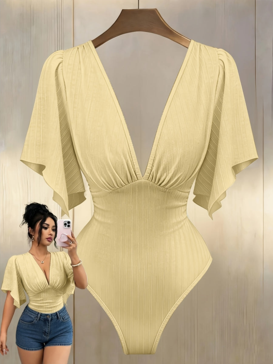 Ladies Elegant New V-Neck Texture Bust Pleats Ruffle Sleeves Slim Waist Elegant Jumpsuit, V-Neck Asymmetrical Cuffs Bodysuit Top - Yellow